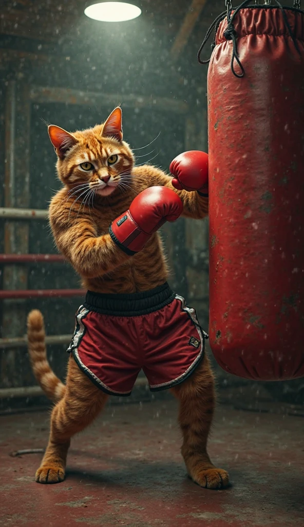 "Epic anthropomorphic boxing match: a muscular cat in medium red pants, on his knees looking at the floor, the bouquet of red flowers on the floor, amazement." 8k, high resolution, well-groomed hair