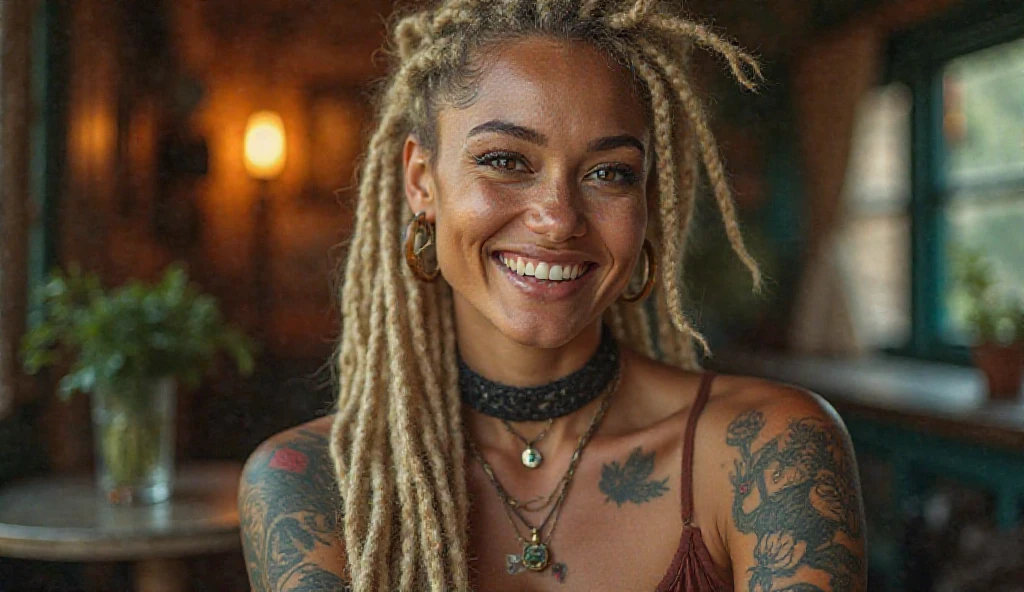 a portrait photo of a black girl, smiling, tattoo, blue dreads, (folk dress:1.3), Ukrainian short dress, pronounced feminine feature, insane details, intricate details, hyperdetailed, complex background, medieval tavern, indoors