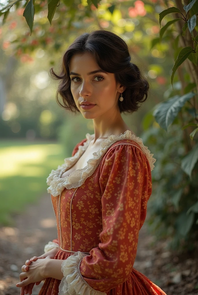 Close up high resolution photograph of a Beautiful latina woman perfect body short brunette hair, beautiful smile, dressed in elegant victorian era 19th century American colorful conservative formal dress, natural lighting, beautiful outdoor paradise background