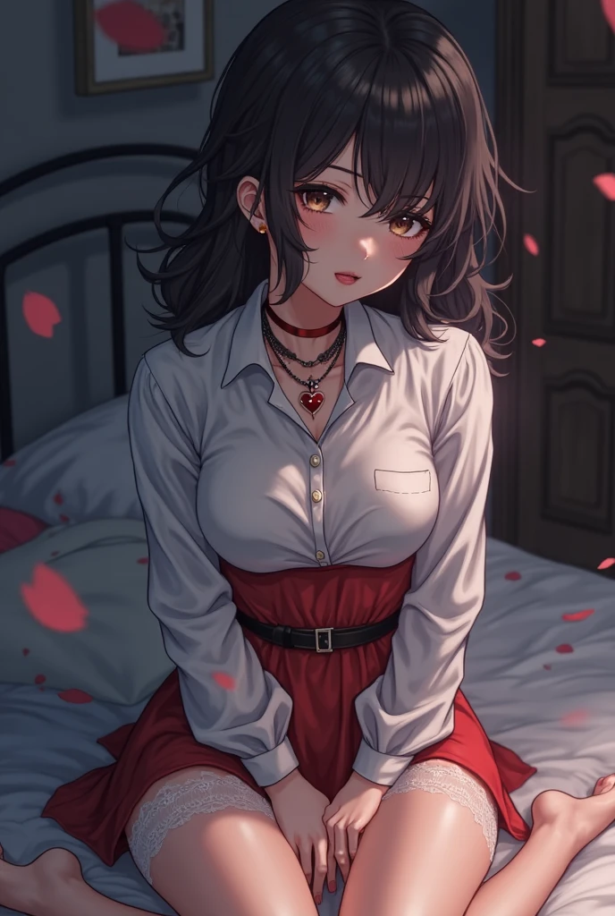realistic, 1girl, hair over one eye, parted lips, blush, makeup, light smile, pajamas, glow, thighs, red eyes, collarbone, narrow waist, bedroom, window, moon, on side, (masterpiece), television, wallpaper, moonlight, underwear,