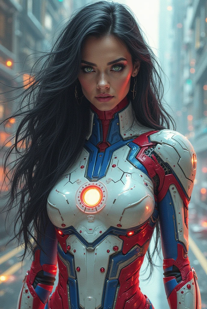 uA stunning woman with long black hair and intense green eyes, wearing armor inspired by the Iron Man suit, but with vibrant colors in white, red and blue. The armor is elegant and futuristic , highlighting her athletic and muscular body. She is in a powerful and confident pose , conveying strength and determination. The background is dynamic , which may present a futuristic city or energy effects to reinforce the heroic climate.