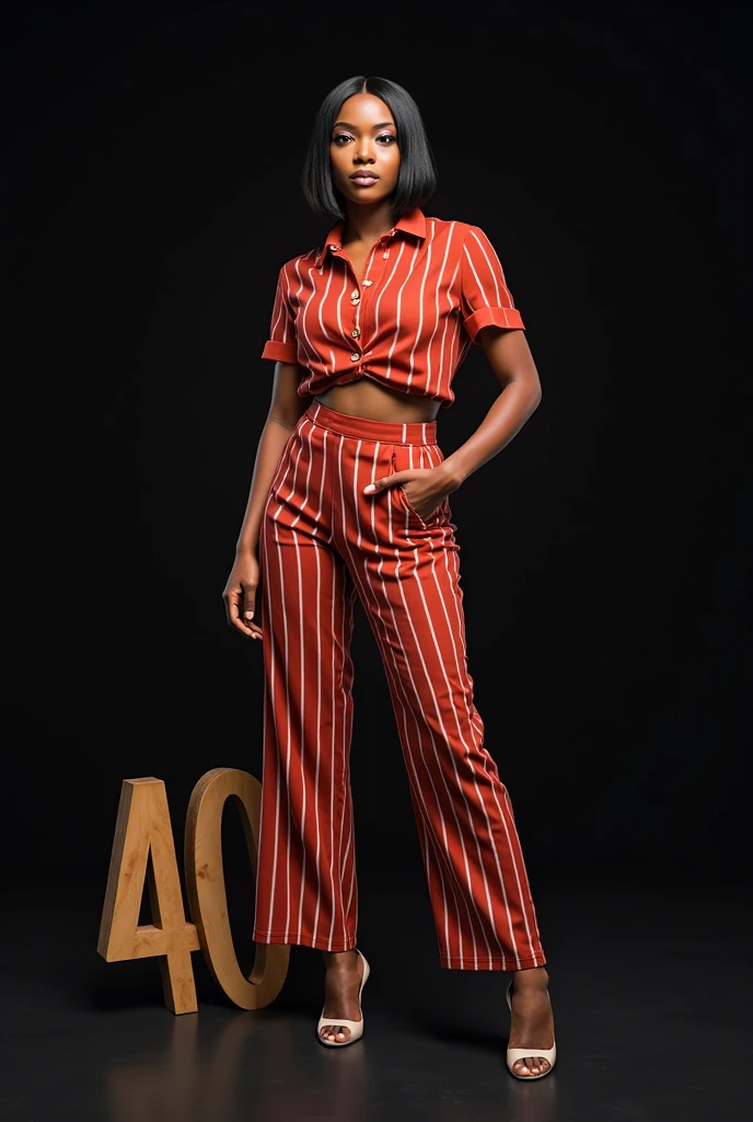 best qualityer:1.4), (ultra high resolution:1.2), (photorrealistic:1.4), (8k, CRU photo:1.2), 1 woman aged 26. black. short black wavy hair.She's wearing a black crop top. He's wearing red palazzo pants. black sneakers. She is sitting on top of a colorful cube. You are in a photography studio with a white background. She is Brazilian.