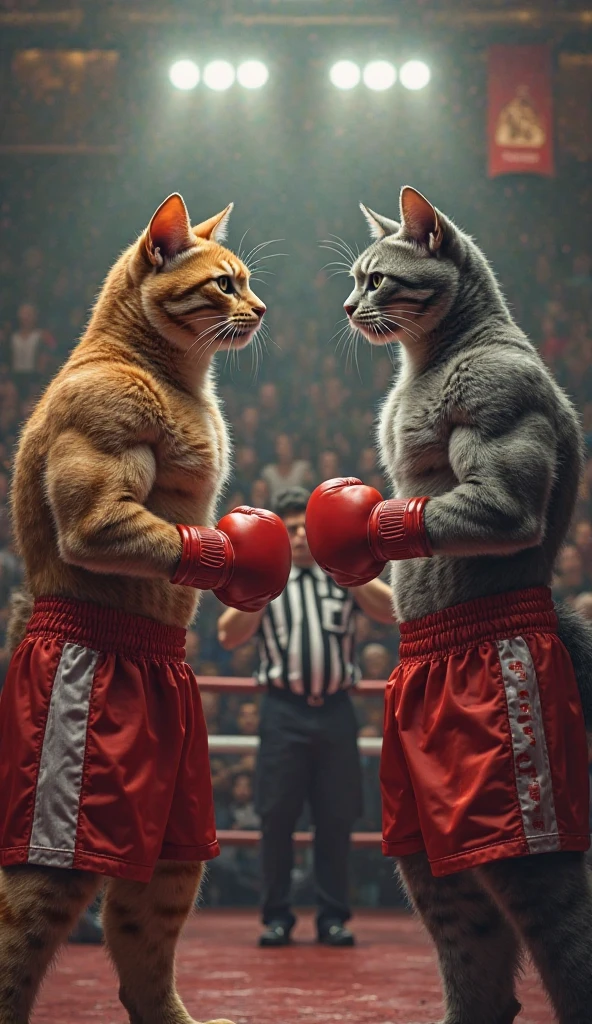 two Cat in boxing costumes are struggleing with each other, new Cat movie, boxing match, Get into a struggleing stance, Amazing computer generated, struggle, bubble visual effect, Cat, Houdini visual effects, close-up fight, Fierce fighting, boxing, Hyperrealistic computer graphics, Incredible visuals, 他们非常愤怒地struggle, cgi special effects, television, realistic images, boxing struggle, knockout punch