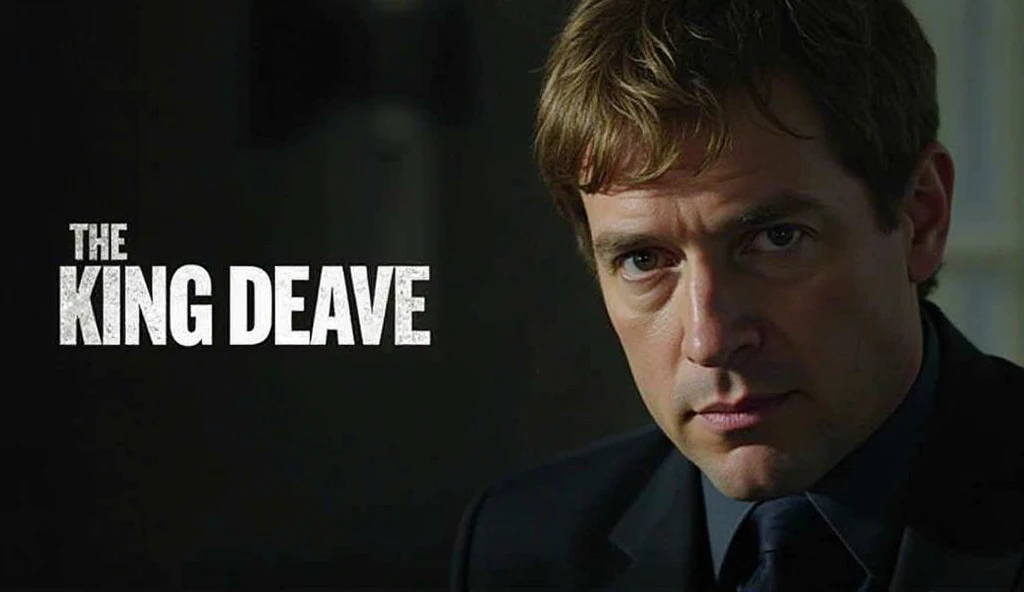 Image is a promotional poster with a dark, moody style. It features a close-up of a man with short, light brown hair and a serious expression. He has light skin and is wearing a dark suit. The background is blurred, emphasizing the subject. On the left side, there is white text in a bold,    