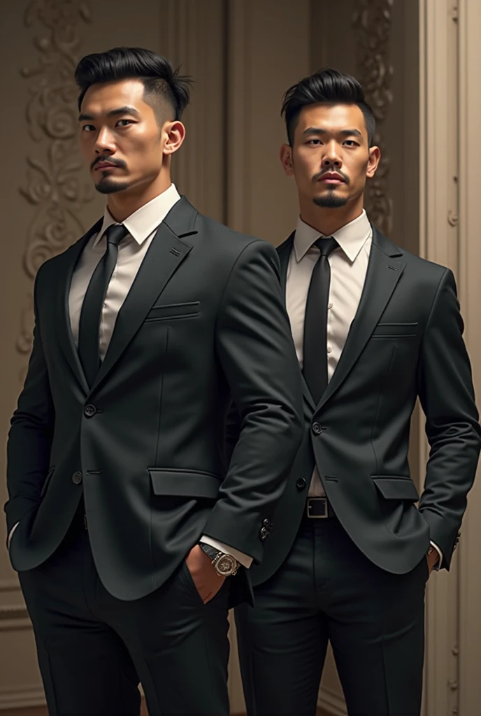 Arad man in suit and tie standing in front of gray background, wearing black suits, Professional profile photo, reuben wu, wearing a black noble suit, ryan jia, Wearing a black suit, fully body photo, Cao Shuxian, wearing black suits, full body portrait shot, wearing black suits, jeremy cheung, stanley lau, kevin hou --auto