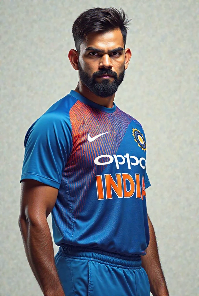A man 30 years old boy stood with his hand on the rock wearing cricket india jersey