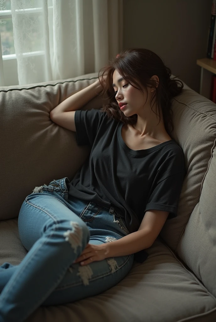 Woman,Brunetette,20 year,bangss,wearing glasses,jeans,blouse,black