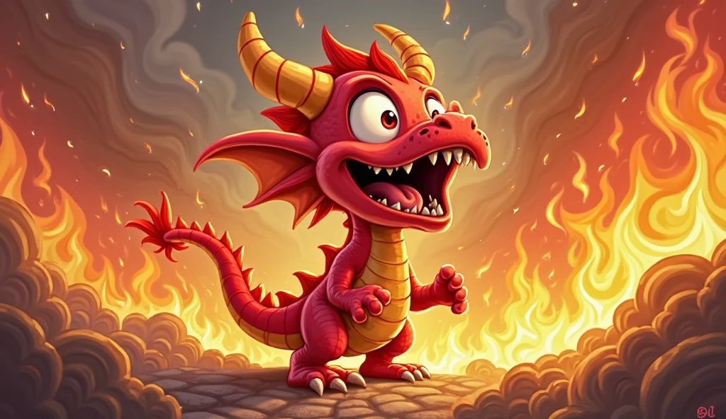 A red cartoon dragon with big eyes, panic-stricken by fire.