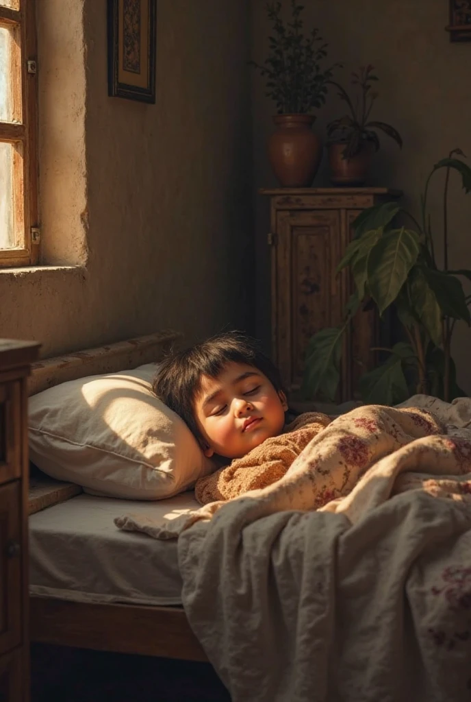 A child saying a prayer on his knees on the edge of the bed