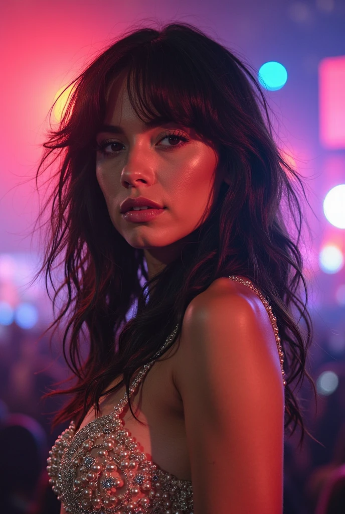 A sexy preppie girl crying in a night club. Cupping her tits
