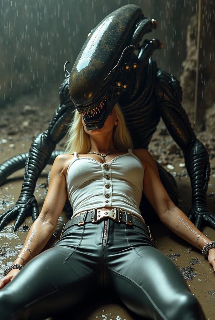 giant grey xenomorph monster carries faint limp topless beautiful horny aroused Pregnant Pink thong horny aroused young blonde girl in his arms embrace cuddling nsfw kissing licking her