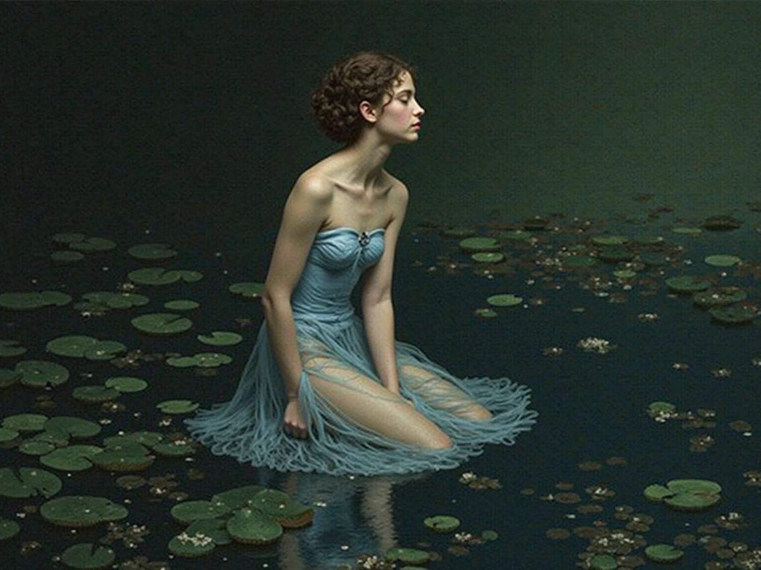 a lovely woman (Kate Mara, sheer airy gown) in a pond with lily pads in the water, in a pond, standing in a pond, floating in a powerful zen state, nymph in the water, sitting in a reflective pool, floathing underwater in a lake, sitting at a pond, in water up to her shoulders, the hair floats on the water, in a lake, in the water