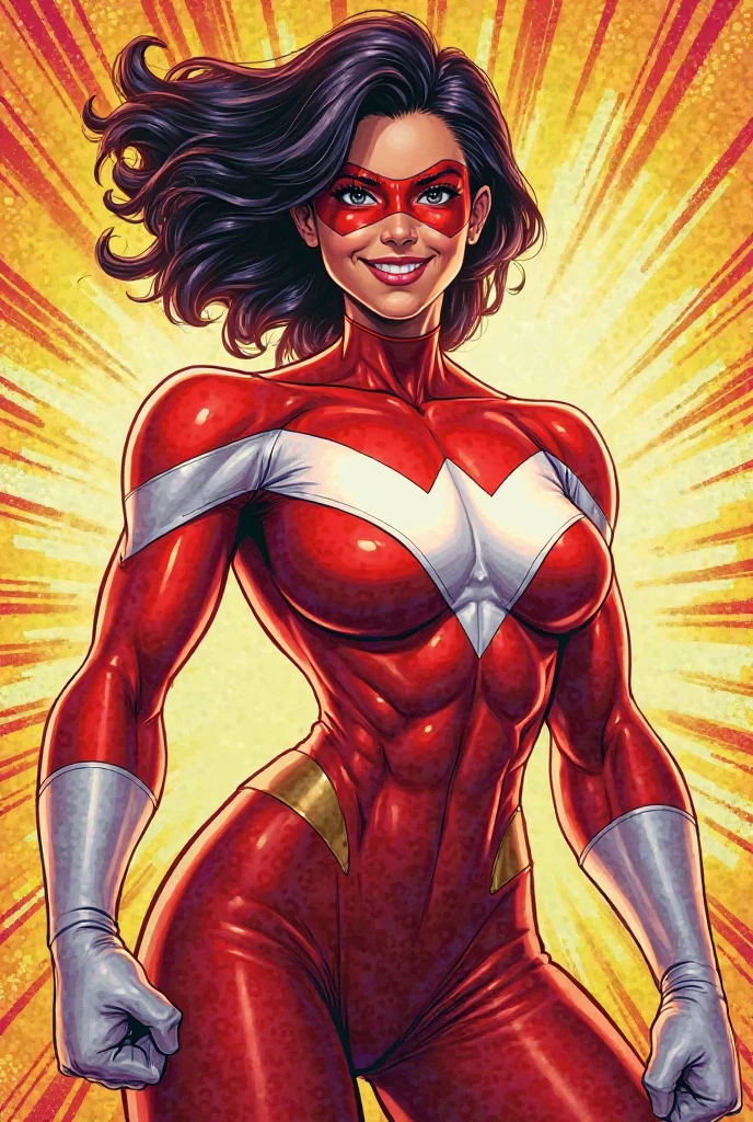 Stretcher comic book woman, happy, smiling, long hair, huge ponytail, slim, thin, athletic, womanly, rubbery, elastic woman, white and red spandex, rubber body, brunette, ((huge breasts)), city street, daytime, heroic, cheerful,
