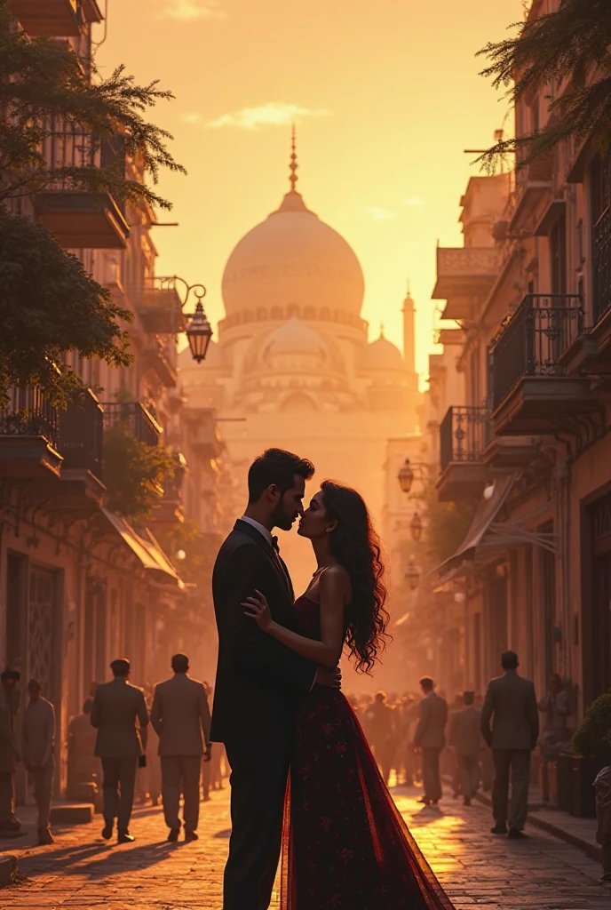 A man in tajmahar with a girl kissing lips zooming