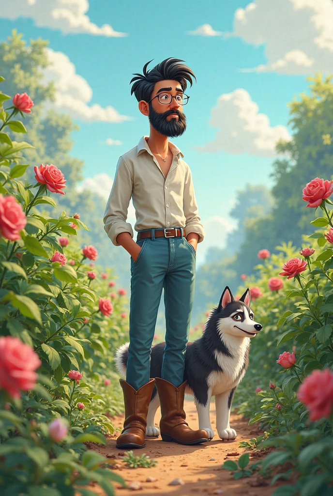 Create an image of a young agronomist, high, thin,blue canvas pants, long sleeve shirt , color white; short cowboy boots, brown cap. of fair skin, black hair and black beard. with glasses, in cartoon mode. With a background of plantations and roses. With a Husky