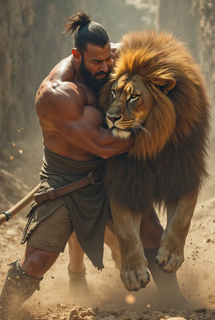 A imagem mostra um homem musculoso e barbudo, Standing in front of a lion. The man seems to be flexing his muscles, possivelmente posando para uma foto. The lion is positioned behind the man, ocupando parte significativa da imagem.Ao fundo, Various birds scattered around the scene, complementando a atmosfera geral da imagem. The combination of man's muscular constitution, of the lion and birds creates a powerful and dynamic look.