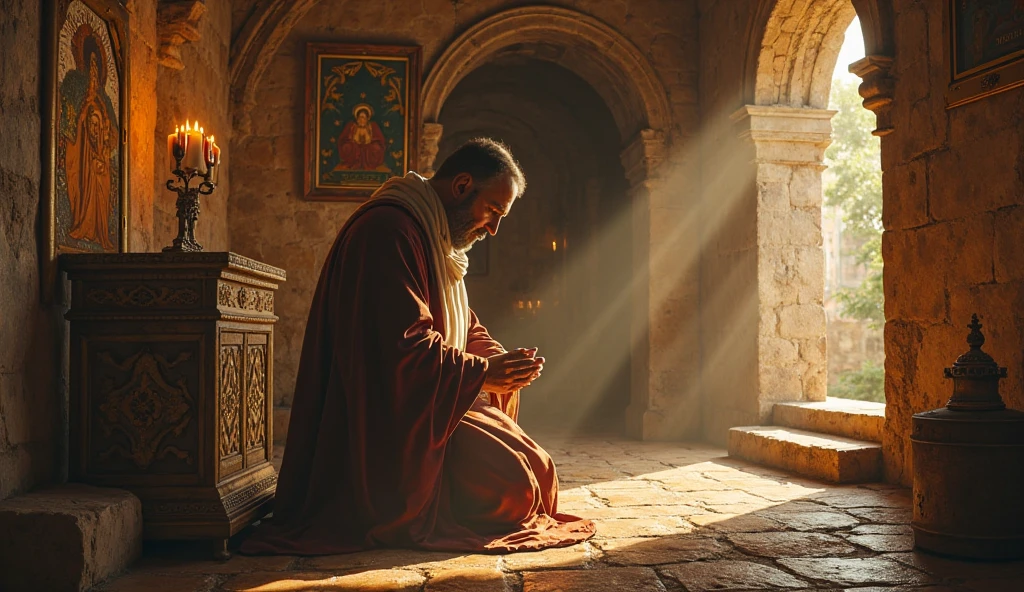 Saint Anthony in an old stone church, decorated with colored stained glass windows that project colored lights onto the floor. He's kneeling in prayer, with a rosary in his hands and an expression of deep devotion. The environment is filled with candles and sacred images in the background..