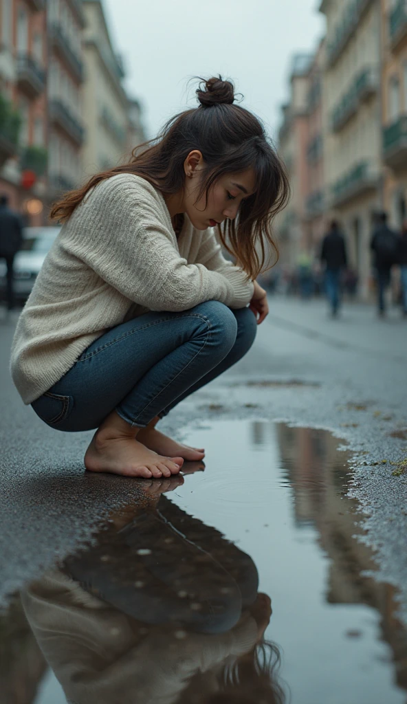 Girl peeing herself anime stain shame looking at camera wet floor