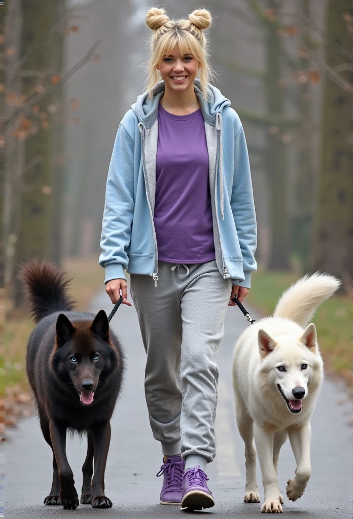 Asian/Scandinavian woman. Blonde hair with twin buns, bangs and braids. Bright blue eyes. Smiling.tall, Athletic, intimidating. Grey sweat pants, Violet t-shirt, baby blue hoodie. Purple sneakers. Walking two dog/Wolf's. One black. One white.