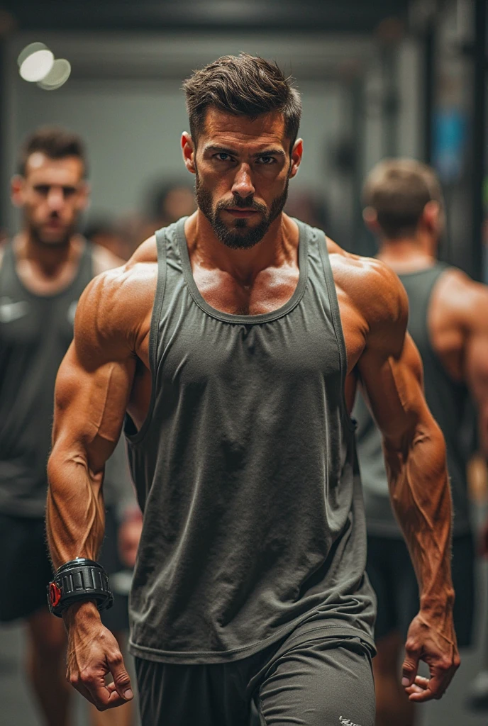 Weak young man in gym lifting weights