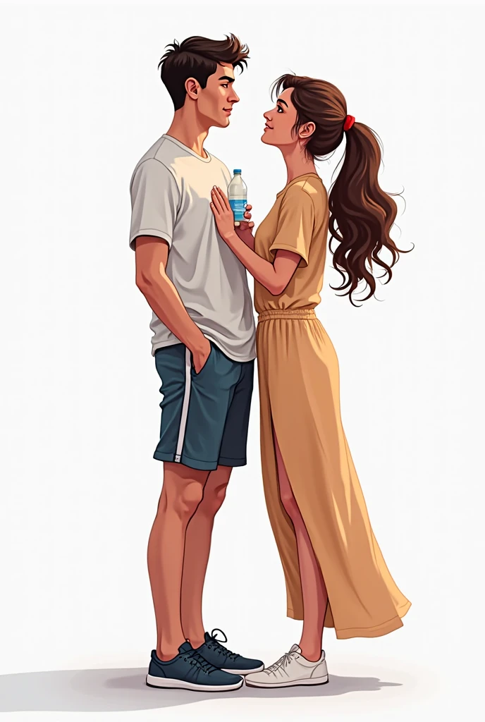 couple , man is soccer coach , man wearing sportswear , man is handsome, woman wearing white shirt and jean skirt, she wearing white sneakers, eye contact , stand , illustrations