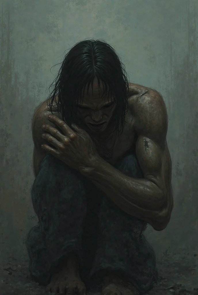 Horror-themed abstract male expressionist painting Emotional and physical pain, anguish, screaming, dark, rays of light, energetic brushwork, bold colors, abstract forms, expressive, emotional, Eerie, unsettling, dark, spooky, suspenseful, grim, highly detailed, blue, grey, black, a man kneeling in front of a grave