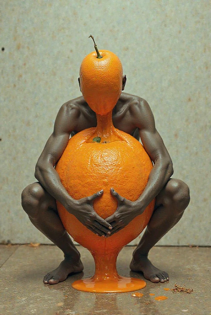 A realistic photo of a man in profile with his body painted yellow kneeling full-length on the ground, crouched, his face touching the ground,  yellow background, study. Bright yellow thick paint dripping from his body to the floor. Behind the man a realistic model of a yellow plastic human brain in profile parallel to the man, both suspended in the air.