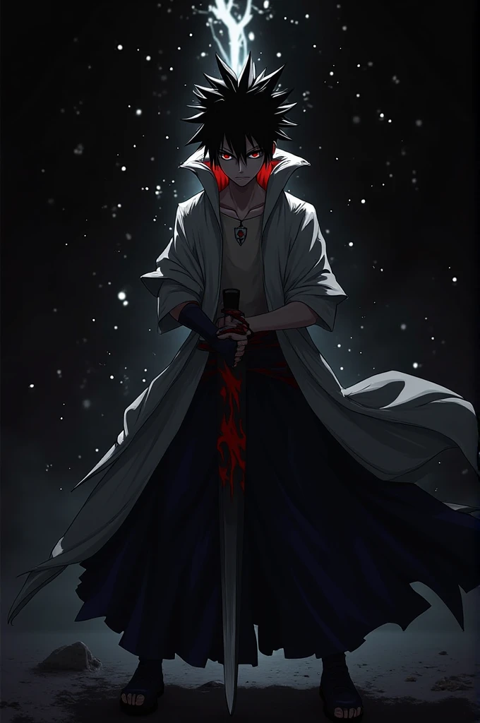 masterpiece , 8k , ichigo tied with chains , chain attached to body from all direction, high spiritual pressure, bleach, ichigo kurosaki , bankai black dress, zangetshu, black zangetshu katana in hand, hollo mask appearing in half face, a red aura in chains in body