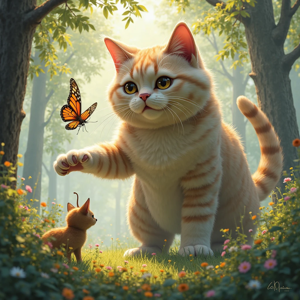 The giant cat could be curious about the people it encounters. It might tilt its head or playfully swat at a butterfly that flits by, showing its playful side and delighting those around it.