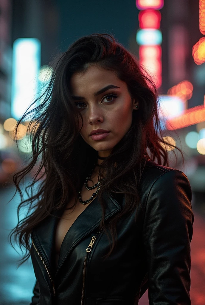 Waist length portrait, Sharp images, clear photo, photorealistic texture shot, 20 years old woman, she has very black wavy hair, she has breast size 1.3, she is dressed in metalhead style clothes (black jacket with studs, thin blue t-shirt, black pants with chains), very realistic clothing details, she has cross-shaped earrings, detailed and realistic skin (very realistic skin not photoshop), facial expressions and low porosity, lips marked with red lipstick, flirtatious look, big light green eyes, bold black eye shadows, huge eyelashes, beautiful dark green eyes, she is smiling slightly in a mysterious way, beautiful teeth, hyperrealism, very detailed, realistic photo, uhd, hdr and detailed background, flash photography, taken on an old camera, polaroid, high quality, In front of the Sydney Opera House, it is nighttime, with blue-black clouds, the background with many bright street lights very detailed and realistic background also there are some people walking. she has one hand behind her head, and the other near her mouth. 