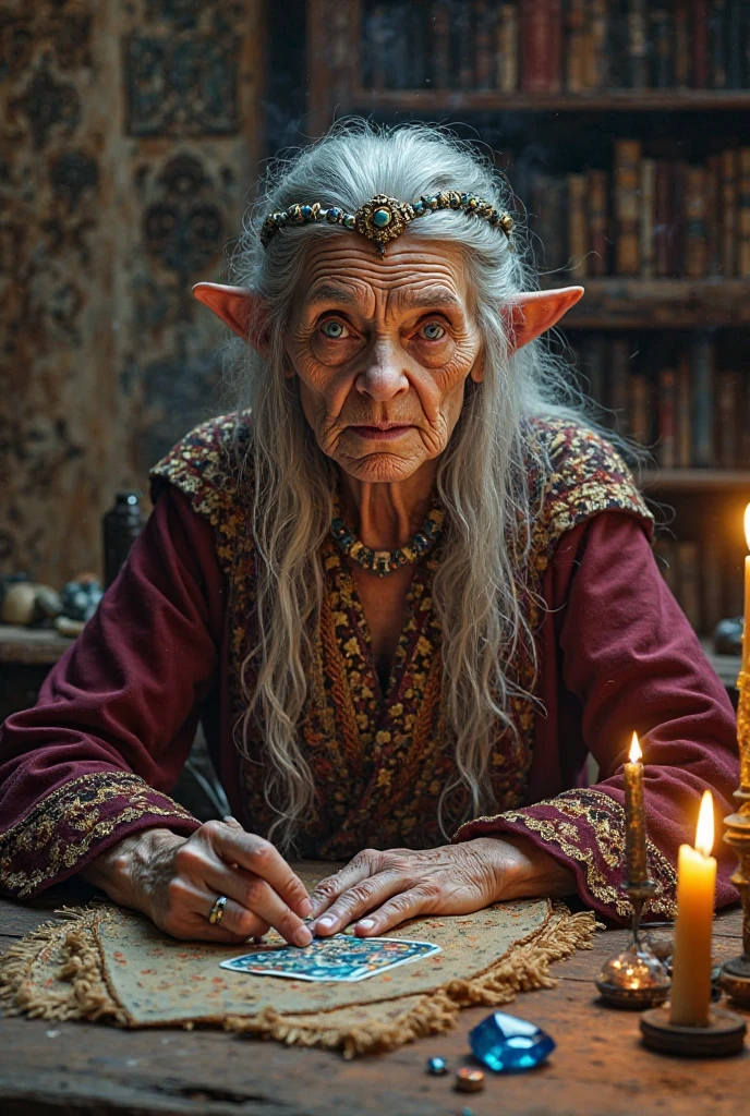 A mystical old woman with long, loose white hair, wrinkled skin marked ...