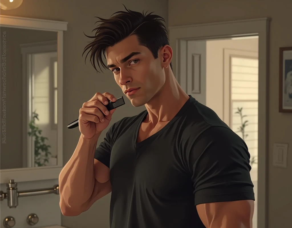 (best quality,4k,8k,highres,masterpiece:1.2), ultra-detailed, (realistic,photorealistic,photo-realistic:1.37), 
FRED barbarian man with black hair, messy hair, slight beard, ferocious expression, strong build, intense gaze.
BREAK
a man brushing his teeth, toothpaste foam, mirror reflection, clean white sink, night, bathroom, clean and well-groomed appearance. Looking at his smartphone. From the front. From slightly above. Upper body shot.