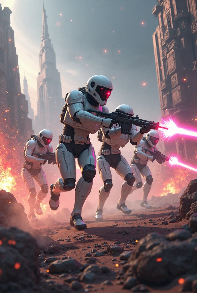 space soldiers with white armor fighting aliens with sci-fi weapons