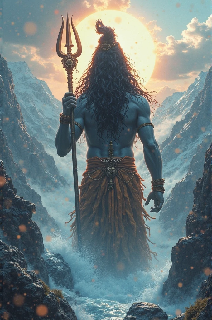 Create image of man that man is in space and standing at rough land in space and space filled with stars and from that starts make a lord shiva is with rudraksh mala wearing in neck and also snake structure in space, that man right hand is taking fire from land having bone fire and that man left hand hold a trishul weapon and he wear a tiger skin from middle of the body to down of legs and in that image small particles like water,fire,air,dust and that man view is back of the body and lord shiva face should be visible from front view
and make a image the view is clear and image should be 9x16 size