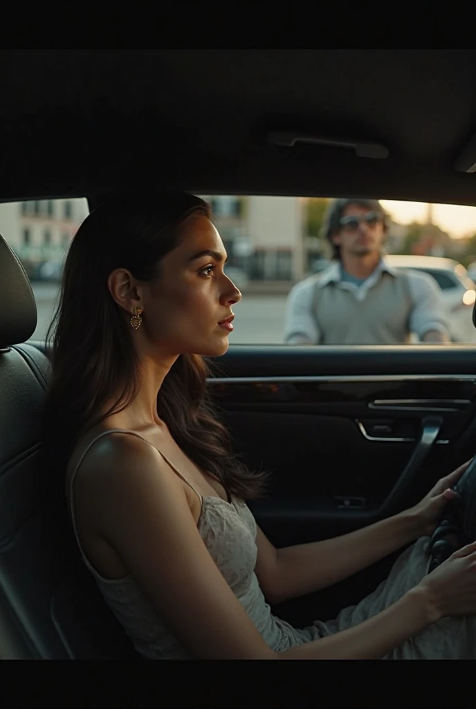 gorgeous photo of alluring and handsome male giving a gift box to a woman, they are inside his luxury car,  ((couple is dressed in formal attire)), (high end vehicle interior:0.6), the gift ((box is glossy aqua color with a white ribbon bow:1.1)) a feeling of euphoria on her face, well loved, ((mystical:1.4)) , we can see incredible hazel eyes looking at us, welcoming, loving, ,((her tidy dark auburn angled bob hair:0.8)),he lovingly hands her a present, we capture every detail with the highest quality Leica camera we own, it captures every detail and deepens the shadows,, colorful, lovely women,American, a relaxed moment, realistic photo, (54% of photo is black in drawing:1.4), (detailed fabrics:1.2), (early sunrise light:1.7), (Rembrandt lighting:1.1) ,(relaxed intimate photoshoot), cozy relaxed, catching us, beautiful hands, gorgeous soft warm lighting:1.4, ((high contrast)), (deep, darkest shadows), (shadow details:1.3), ((taken using Leica camera, aperture: f/2)) , hyper-realistic skin, pores, scar, mole, relaxed moment, natural light glow, (romantic light:1.2), radiant dark skin, perfect relaxed hands, perfect fingers, a work of art, beautiful composition, golden ratio, contrast, inspiring, (highest quality fabric texture), every detail,Fine facial features – (Highest Quality) ,Leica camera film, High quality ○○ detailed – ○○ details ultra detailed(Ultra-fine ), Photorealistic