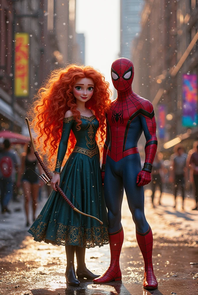 Title: A Romantic Entanglement between Spiderman and Rapunzel

 Picture Prompt:
Amidst a whimsical setting, Spiderman, the agile superhero in his red and blue suit, hangs upside-down from a tree, looking up at the long tresses of Rapunzel, who leans out of her tower window, her golden locks cascading down. The sun sets behind her, painting the sky with hues of orange and pink. Fiery embers from a nearby bonfire flicker in the twilight, casting an enchanting glow over the scene. People below rejoice, unaware of the budding romance unfolding high above.
