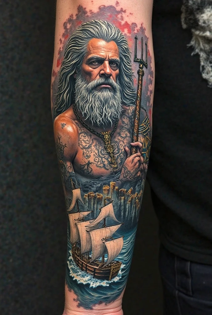 Create a tattoo with the story of Greek mythology on the right arm along with Poseidon