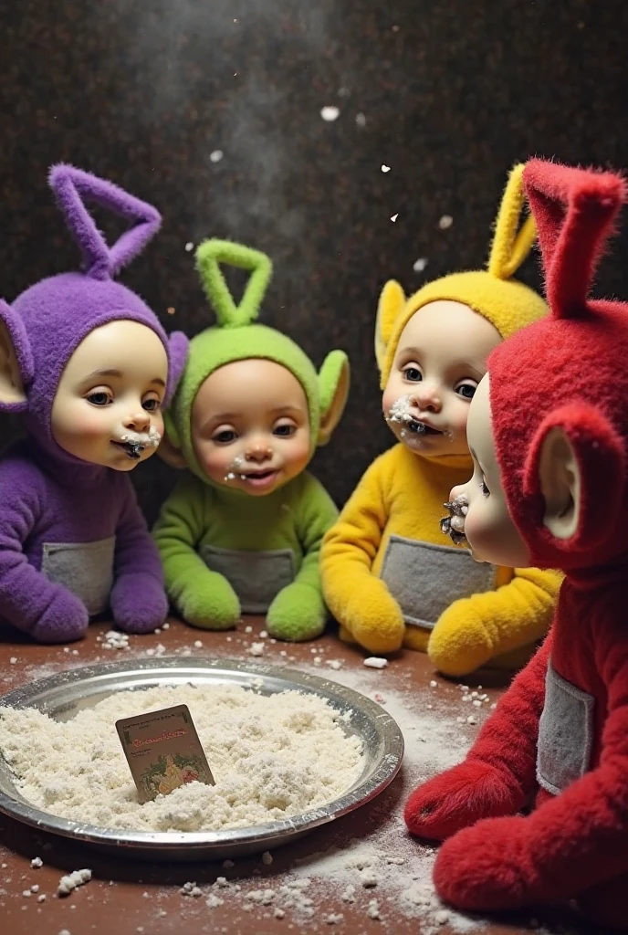 Realistic image of the 4 Teletubbies characters sitting around a table playing deck. Only the 4 Teletubbies characters, one with purple fur, the second with yellow fur, the third with lime green fur and the fourth with red fur, the 4 Teletubbies Whiskey smoking and playing playing playing cards. Facial expression of drunk people looking tired. In the center of the table a silver tray filled with white powder with a credit card buried in white dust. All Teletubbies with their noses dirty with white powder and dust falling from their noses. realistic style image