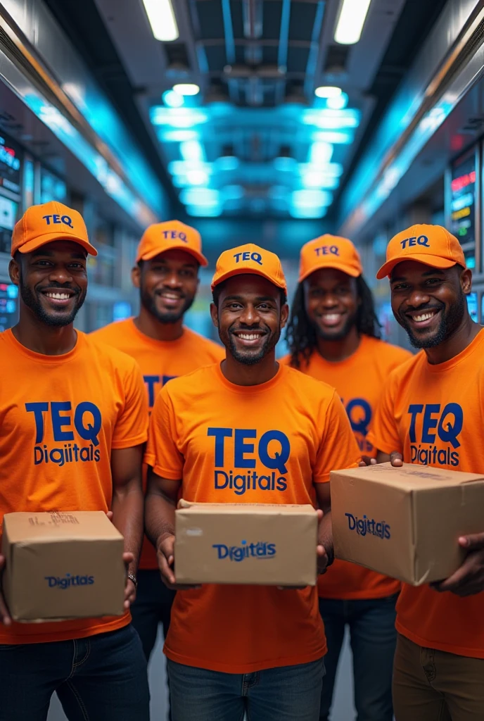 6 african s joyful wearing oranged tshirts and cap, each tshirt and each cap labled TEQ DIGITALS blue color text.Who are in block chain computerized room and each of them carry box labled TEQDIGITALS