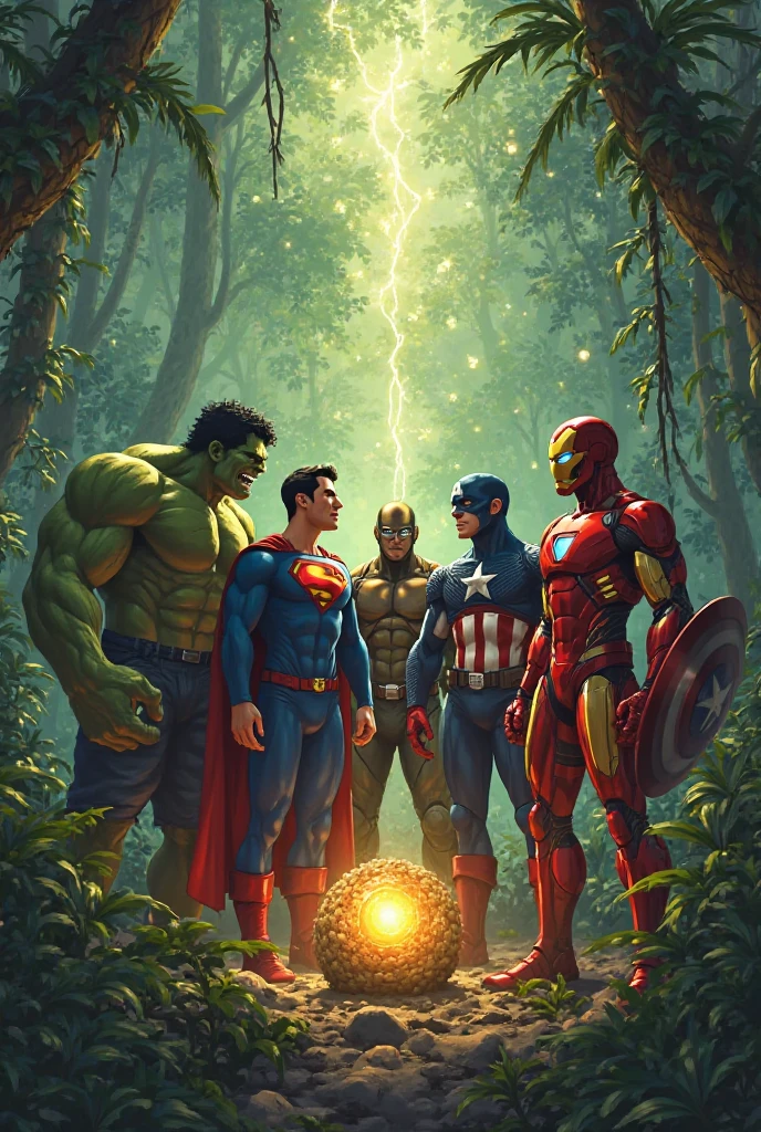 Different animals and super man, batman, spider man, hulk, thor, captain america, iron man in one picture HD light green color and plants in background. Picture size 21.5 feet width and 7.4 feet height.