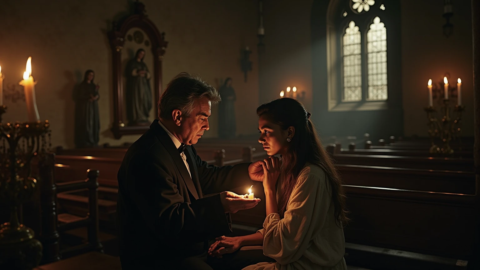 A girl getting beat by her father in church. At the top of the image text reads in a large evil font  (((HopesHeart))). At the bottom of the image text reads (((Broken Chromosomes))),