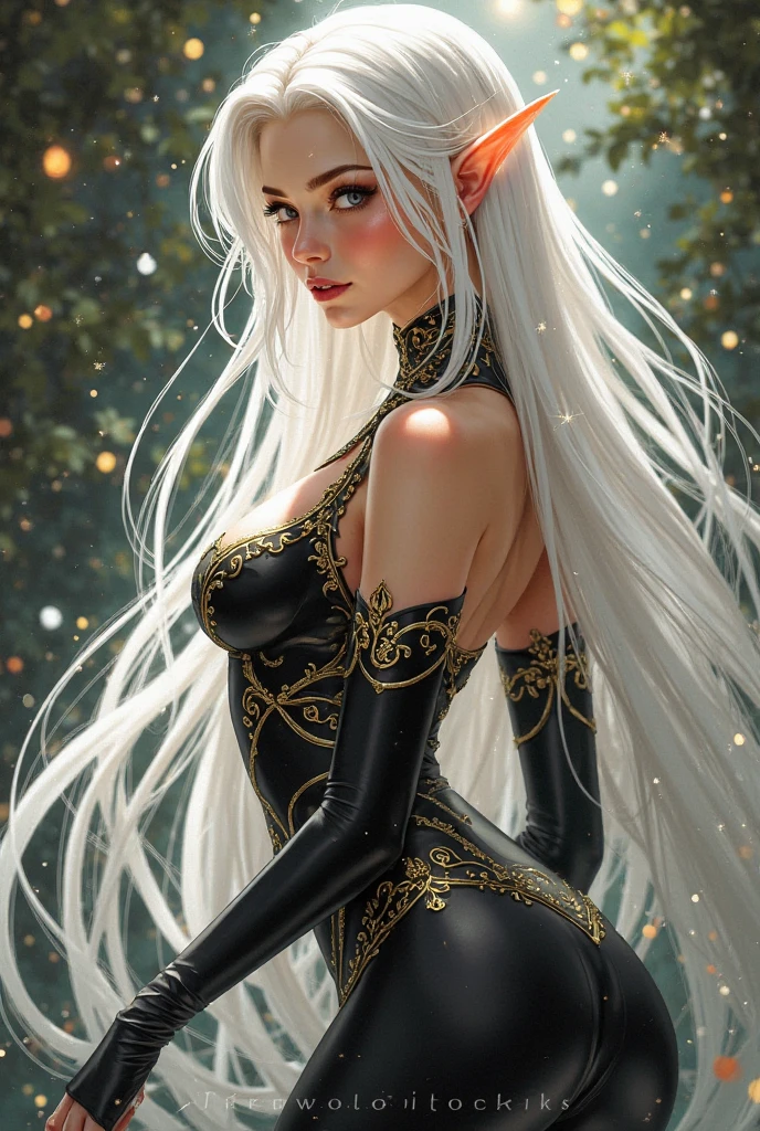Create a mesmerizing masterpiece of the highest quality, featuring a captivating solo female Dhampir character with pale skin and an intense gaze. The artwork should be rendered in photorealistic detail, with a rating of 1.4. The character should be portrayed wearing a stylish skirt and a striking witch outfit, exuding elegance and allure. Her hair should be the focal point, with a stunning ombre effect that transitions from platinum blonde at the roots to a dark orange shade, achieving a gradient of 1.5. Accentuate her piercing eyes and sharp fangs, further enhancing her mysterious nature. Set her in a moonlit garden, enveloped in a sinister atmosphere, with vibrant colors and dramatic lighting. Ensure every detail is meticulously captured, from her flawless face to her graceful pose, as she walks through the garden, exuding confidence and intrigue. BREAK hair (ombre:1.2) platinumblond darkorange BREAK, large hoop earrings, perfect makeup, ruby red lipstick