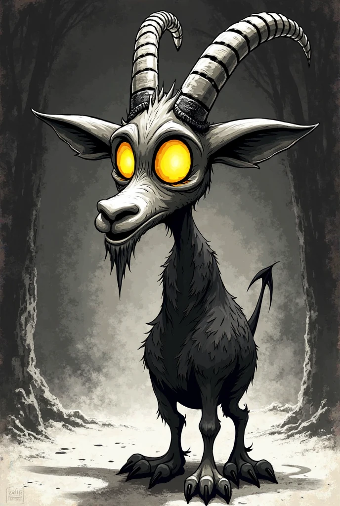 Make me a goat in a 1930s-style cartoon, I want it all in black and white, But the yellow eyes, in the style of the devil from Cuphead