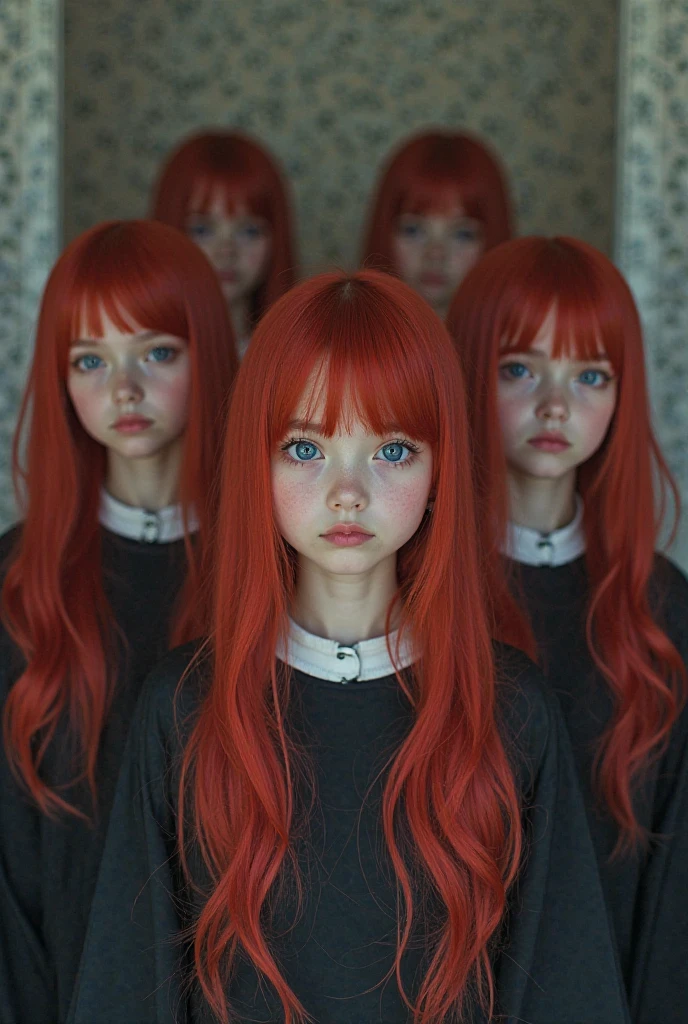 three girls with long red hair and red wigs posing for a picture, red glowing hair, orange glowing hair, long glowing red hair, infrared hair, red hair girl, orange skin and long fiery hair, hair like fire, red hair and attractive features, long fire hair, long orange hair, perfect android girl family, by Bernardino Mei, fiery red hair