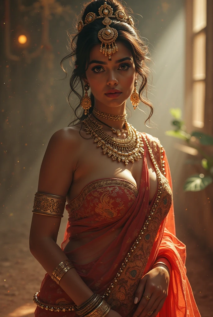 a woman in a sari posing for a picture, indian goddess, traditional beauty, indian, beautiful goddess, ornate cosplay, indian style, indian super model, beautiful maiden, gorgeous woman, south east asian with long, provocative indian, gorgeous beautiful woman, intricate outfit, hindu aesthetic, beautiful asian girl, extremely detailed goddess shot, jaw-dropping beauty, big boobs deep cleavage sexy navel