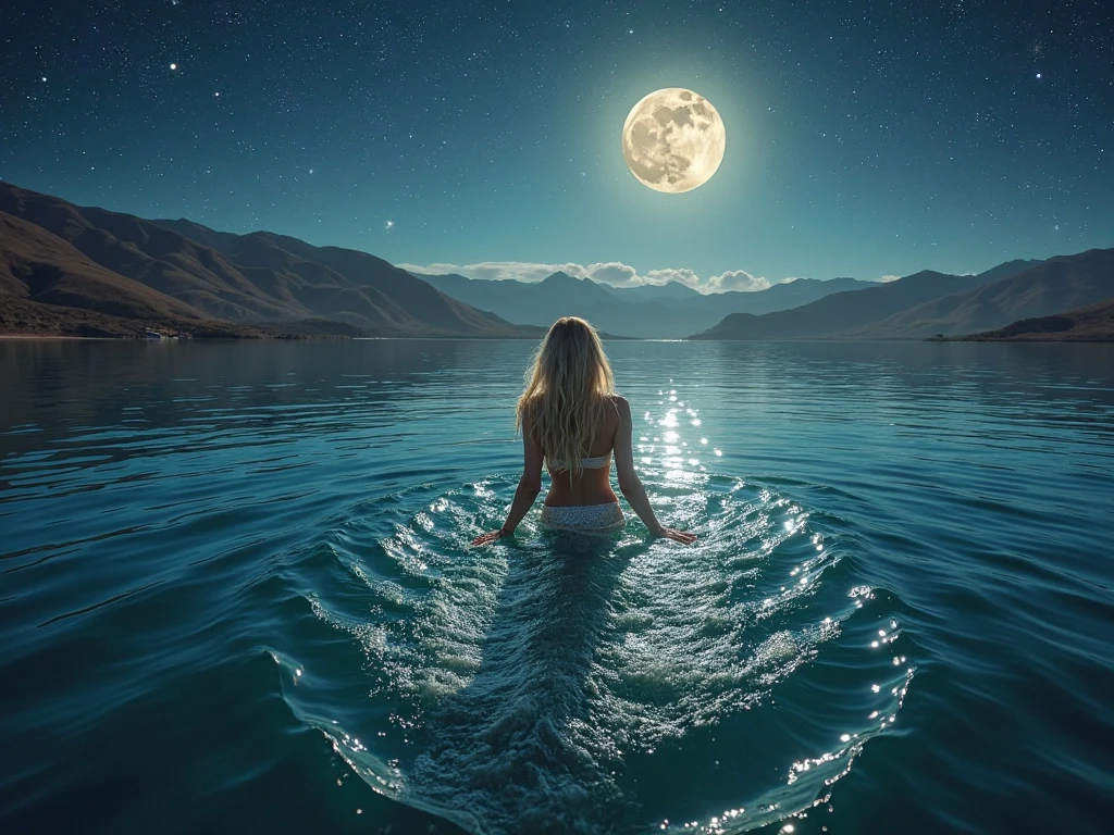 The setting is Lake Titicaca and the hills of the mountainous area of Puno during a night with a full moon and many stars. The center of the scene is a radiant blonde mythic beautiful mermaid emerging from the depths of the lake.