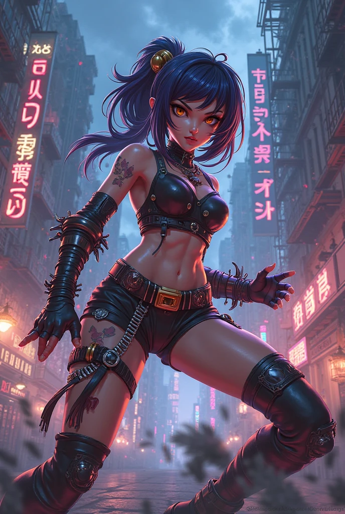 psycho girl,striker,madness face,chocker,lace clothes,original character,masterpieces,corruption tattoo,16k,bold style,sharp contrast,moody atmosphere,neon lights,urban setting,graffiti,skull imagery,shadowy corners,dark reflections,dramatic poses,vivid colors,glowing eyes,edgy makeup,intense expression,haunting presence,skilled fighter,aggressive stance,striking poses,fiery energy,chaotic background,gritty textures,grungy environment,eccentric personality,mesmerizing gaze,commanding presence,ferocious determination,unapologetic attitude,emotionally charged,highly detailed art,macabre elements,visually striking,hauntingly beautiful