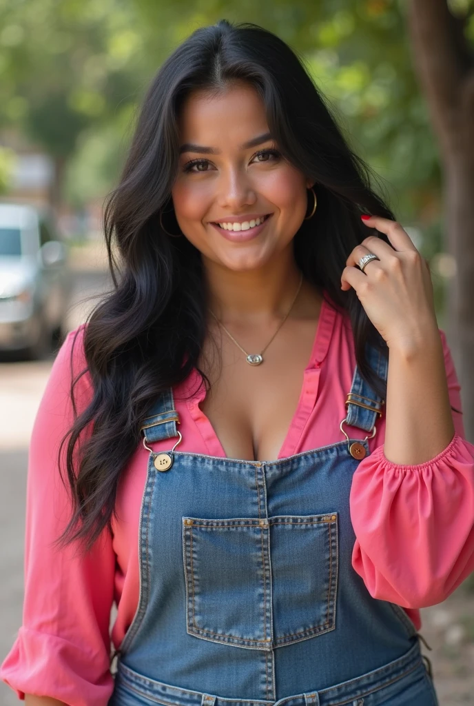 A photorealistic portrait of a 21-year-old Colombian girl with long black hair and striking dark eyes. She must have a curvy body, a natural and accessible smile. She is dressed in denim overalls. The background is a fairground. Capture this image with high-resolution photography using an 85mm lens for a flattering perspective.