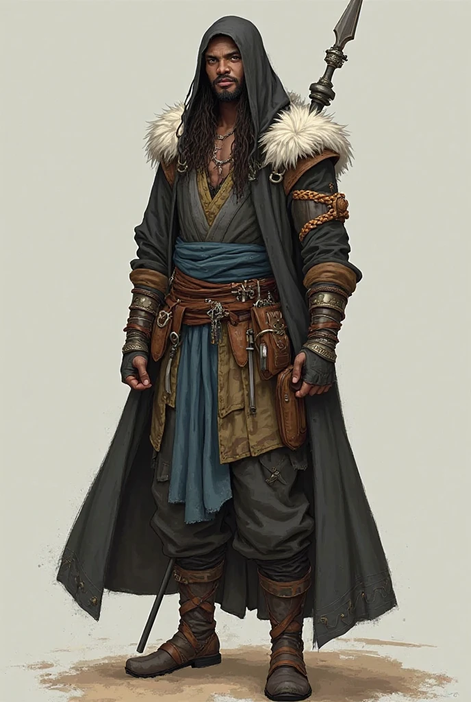 An elf, male, 190 cm tall, mocha skin tone, Bright green eyes, Dark brown dreadlocks that reach the middle of the back, Pointy ears with lots of jewelry on them, Semi-pointed face, smooth skin, a bit muscular. wearing a Wide brown pants, Simple green shirt, Black hood, Brown boots.
Perfect anatomy, perfect proportions, 10 fingers, same sized eyes, perfect quality