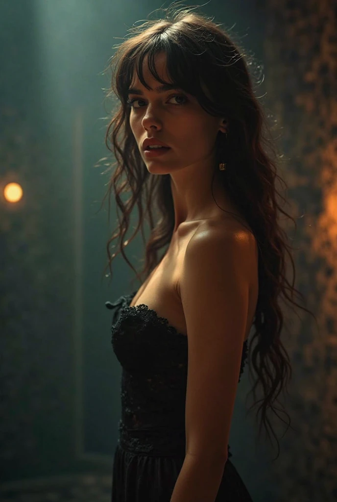 Evil young queen with long red fingernails and black dress with neckline loses her power